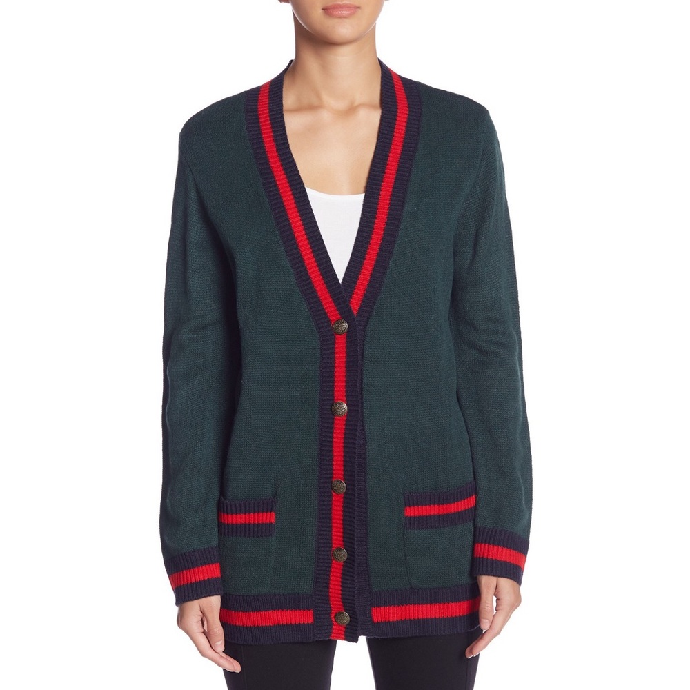 WAYF Varsity Stripe Cardigan Green Pine Forest